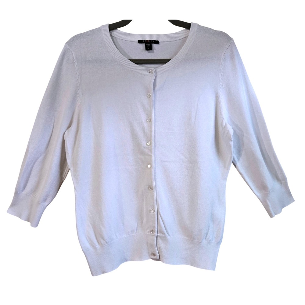Cyrus Womens L Classic Old-School White 3/4 Sleeve Button Front Knit Sweater